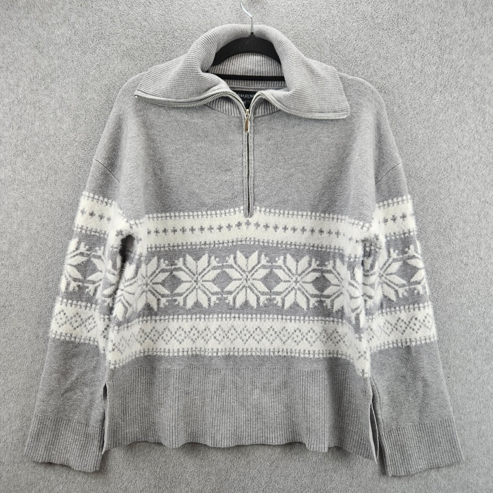 CYNTHIA ROWLEY Sweater Women L Gray Snowflake Quarter Zip Pullover Winter Cozy